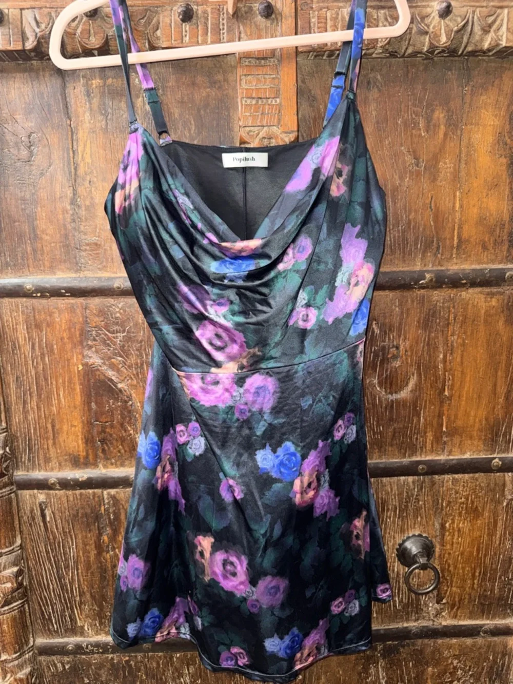 NWOT Popilush Floral Shapewear Dress 3X Black Satin Cowl Neck Bodycon - Picture 1 of 4